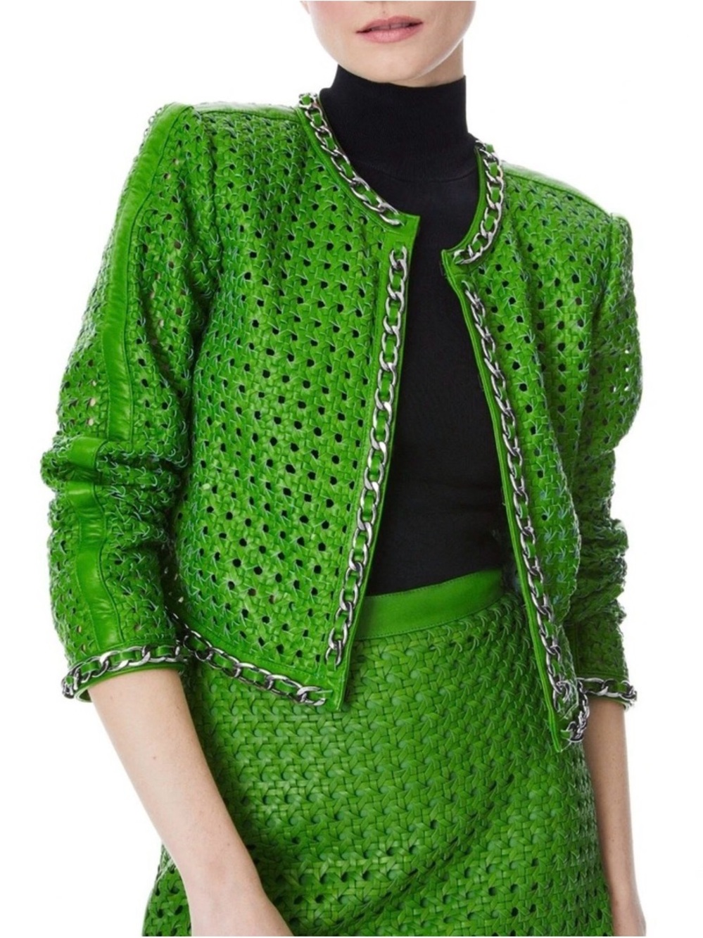 Alice + Olivia Brixton Leather Cropped Jacket | Parrot Green | Size Medium